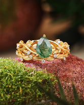 RAINA Pear Shaped Moss Agate Engagement Ring Set Nature Inspired Leaf Bridal Ring Set
